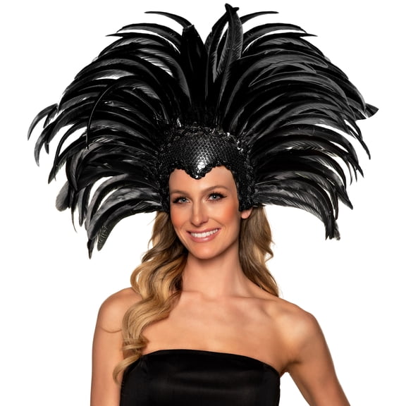 Underwraps Deluxe Showgirl Headband With Black Coque Feathers, Sequin Burlesque Headpiece, Samba Carnival Costume Accessory For Adults One Size