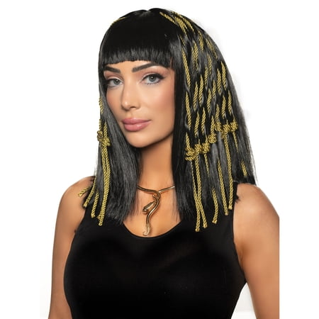 Underwraps Egyptian Queen Wig, Black Bob Cut Faux Hairpiece With Straight Bangs And Attached Metallic Gold Cord Inserts For Costume Outfits One Size