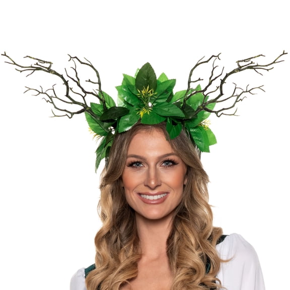 Underwraps Fairy Crown With Branch Antlers, Green Leaf Woodland Tiara Costume For Adults, Mystical Forest Elf Halloween Cosplay, Halloween One Size