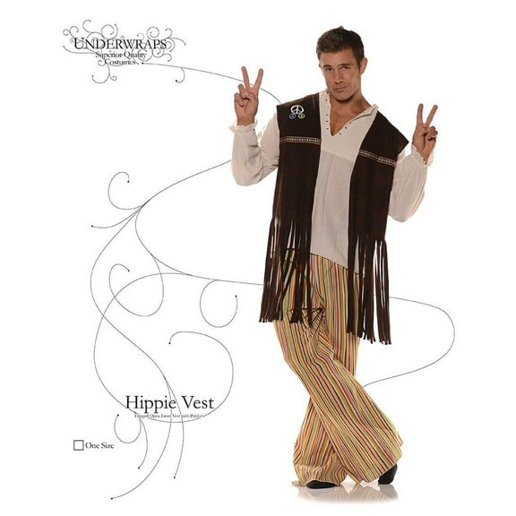 Underwraps Fringed Hippie Brown Adult Vest Costume with Patches One Size Male