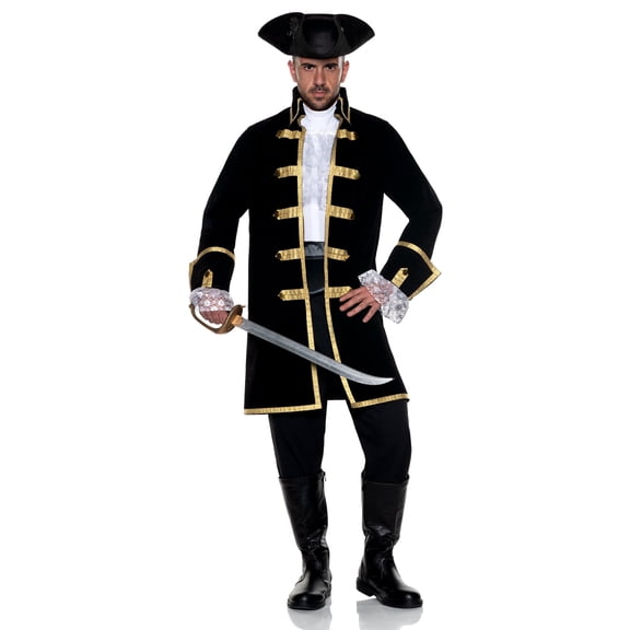 Underwraps Men’s Colonial Pirate Captain Costume Set With Velvet Trimmed Coat, Pants, Hat & Lace Cuffs For Halloween (One Size 42-44)