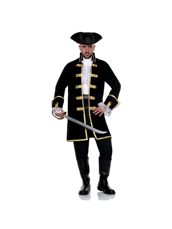 Men’s Colonial Pirate Captain Costume Set With Velvet Trimmed Coat, Pants, Hat & Lace Cuffs For Halloween (One Size 42-44)