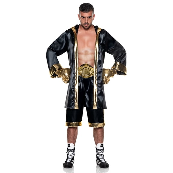 Underwraps Mens Boxer Costume Set, Metallic Trimmed Satin Hooded Robe & High-waist Fighter Shorts Ring Walk Outfit For Cosplay (XX-Large 54-56)