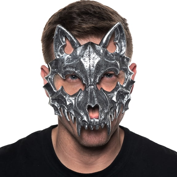 Underwraps Metallic Wolf Skull Half Mask With Ears, Silver Gothic Animal Costume For Adults, Halloween Masquerade Cosplay Gear, Dressup One Size