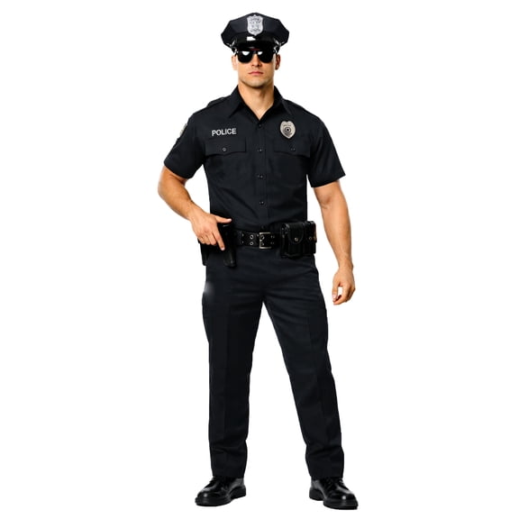 Underwraps Police Costume for Men, Short Sleeve Halloween Cop Costume, Includes Police Hat & Metal Badge (One Size 42-44)