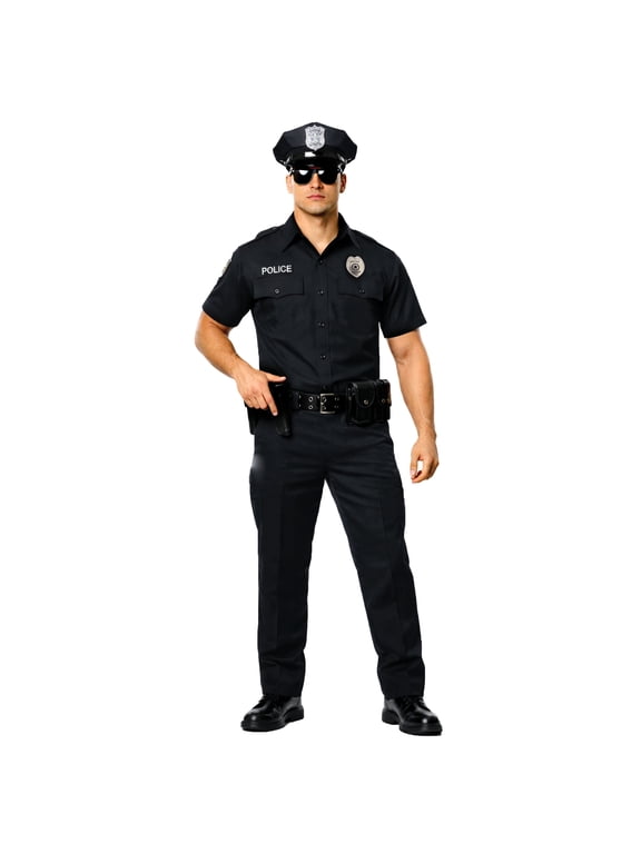 Police Costume for Men, Short Sleeve Halloween Cop Costume, Includes Police Hat & Metal Badge (One Size 42-44)