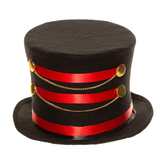 Underwraps Ringmaster Top Hat, Black And Red Costume Hat With Decorative Gold Chains, Halloween Circus Party Accessory For Cosplay One Size
