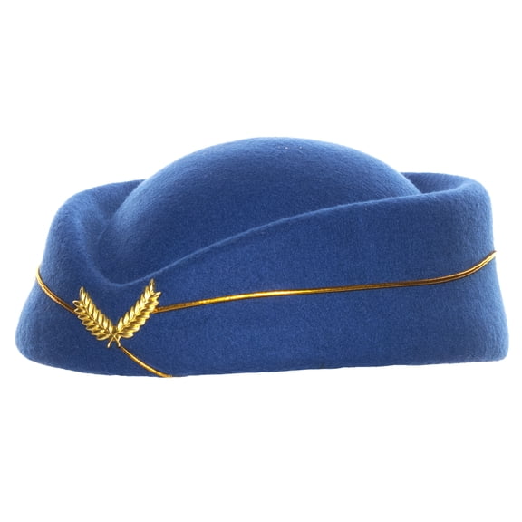 Underwraps Royal Blue Flight Attendant Stewardess Hat, Vintage Airline Costume Cap With Gold Trim & Emblem For Halloween Cosplay One Size