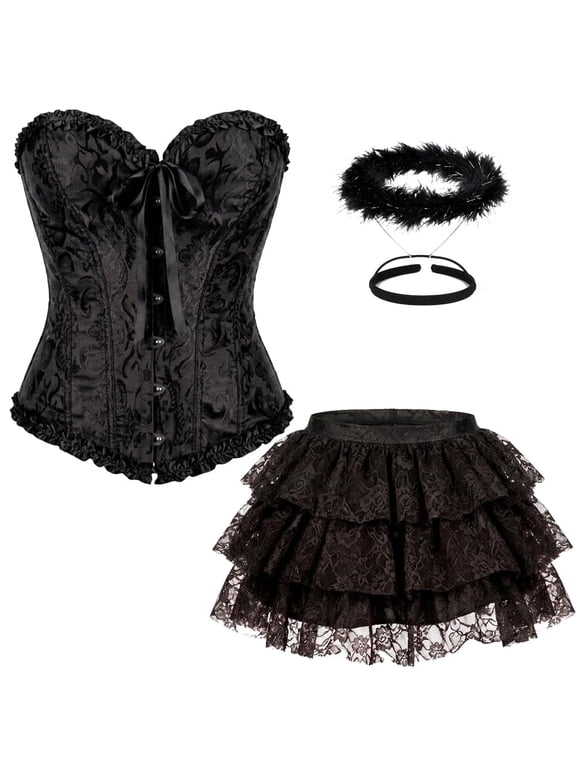 Angel Costume Women, Includes Black Lace Corset Top with Boning, Ruffled Lace Skirt & Angel Halo (Small 4-6)