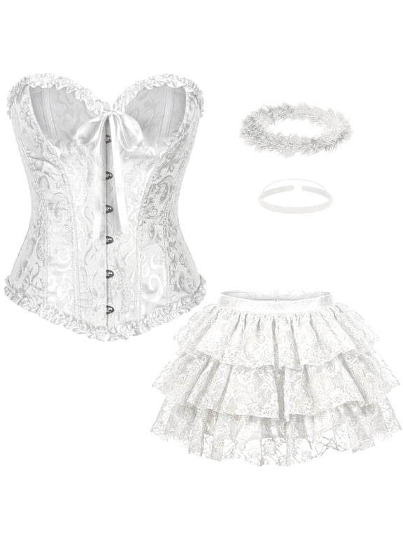 Angel Costume Women, Includes White Lace Corset Top with Boning, Ruffled Lace Skirt & Angel Halo (X-Large 14-16)