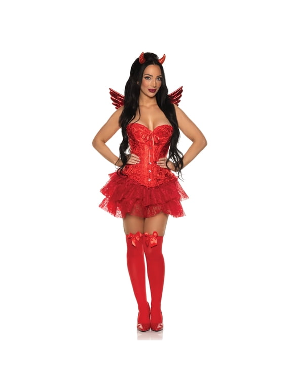 Devil Costume for Halloween, Includes Red Lace Corset Top with Boning, Ruffled Lace Skirt & Devil Horns (X-Large 14-16)