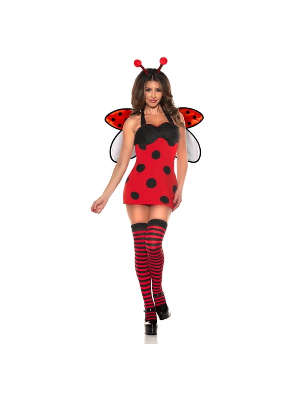 Sexy Ladybug Costume for Women, Red and Black Spotted Dress with Wings and Antenna Headband Halloween Costume (X-Small 2-4)