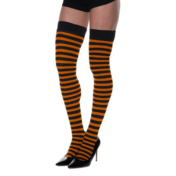 Underwraps Sexy Orange & Black Striped Thigh High Stockings for Women, Pumpkin Halloween Witch Thigh Highs One Size