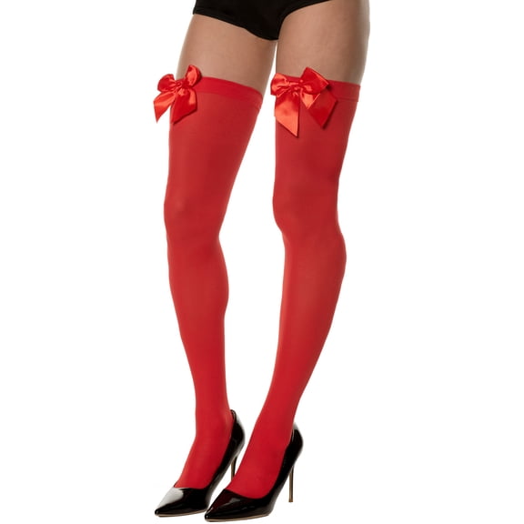 Underwraps Sexy Red Thigh Highs with Bow Stockings for Women, Silk Bow Thigh Highs Lingerie Cosplay One Size