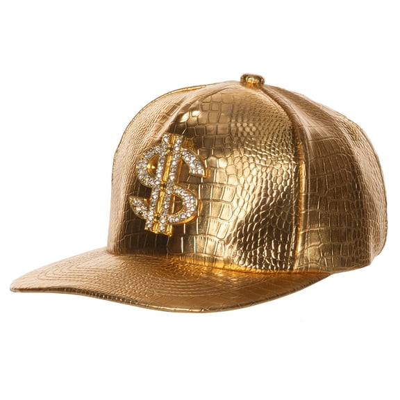 Underwraps Shiny Gold Metallic Hip Hop Hat, Faux Crocodile Texture Snapback Baseball Cap With Rhinestone Dollar Sign For 90s Rapper Costume One Size