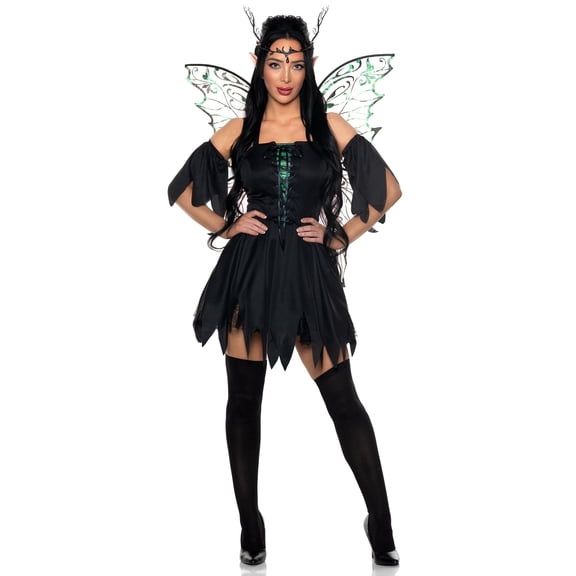 Underwraps Women's Dark Green Fairy Costume 4-piece Set - Lace Front Halter Mini Dress With Glitter Wings, Headpiece, Arm Bands (Large 12-14)