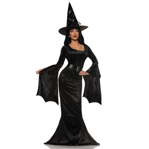 Underwraps Women's Midnight Witch Costume, Full Length Velvet Gothic Gown With Batwing Sleeves, Belt, Lace Front Hat For Cosplay Dress Up (Medium 8-10)