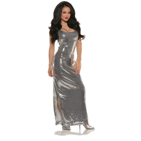 Underwraps Women's Silver Sequin Dress - Fashionable and Elegant Full Length Sequin Dress, Sheer Layer Slip, Halloween Dress Up for Women