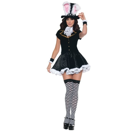 Women's Totally Mad Mini Dress Costume a Complete emsemble with attached Petticoat Jabot Wrist Cuffs Hat with attached Ears and matching Checkered Stockings