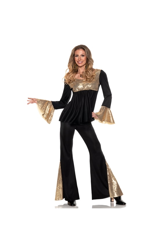 Womens 70s Disco Costume Set, Metallic Sequin Flared Bell Sleeve Top & Matching High-waist Bell Bottom Pants Outfit (Small 4-6)