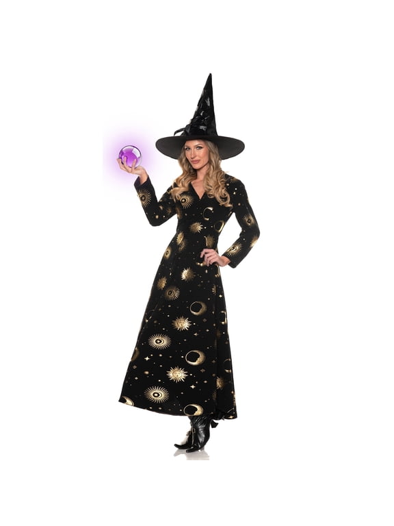 Womens Celestial Witch Costume, Metallic Gold Sun and Moon Screen-Printed Flared A-Line Dress with Matching Hat (X-Large 14-16)