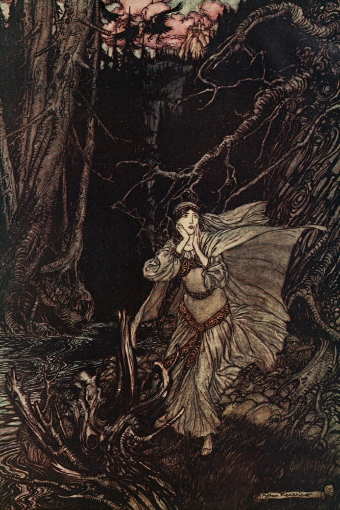 Undine 1909 Bertalda in Black Valley Canvas Art - A Rackham (18 x 24)