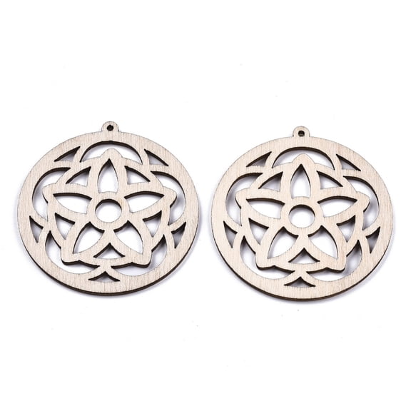 Undyed Natural Wooden Big Pendants Laser Cut Shapes Ring with Flower White 53x50x2mm Hole: 1.6mm