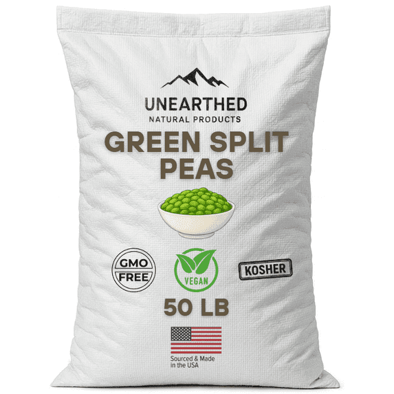 Unearthed Green Split Peas, Plant-Based Protein, Gluten-Free, Non-GMO, Kosher, Vegan 50 lbs