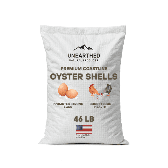 Unearthed Premium Oyster Shell Calcium Supplement for Poultry 46lb Bulk Bag USA-Sourced, Feed-Grade Oyster Shells for Strong Eggshells, Healthy Chickens, Ducks & Game Birds
