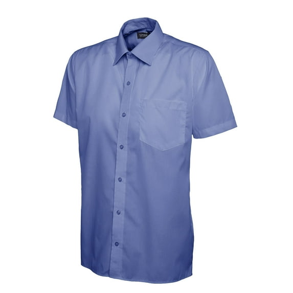 Uneek - Men's Poplin Half Sleeve Shirt - 65% Polyester 35% Cotton Poplin - Mid Blue - Size 14.5
