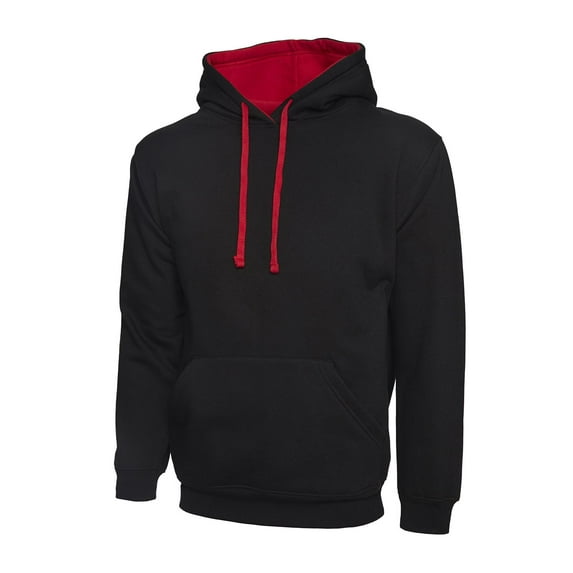 Uneek - Unisex Contrast Hooded Sweatshirt/Jumper - 50% Polyester 50% Cotton - Black/Red - Size 2XL