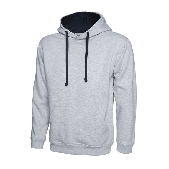 Uneek - Unisex Contrast Hooded Sweatshirt/Jumper - 50% Polyester 50% Cotton - Heather Grey/Navy - Size 2XL