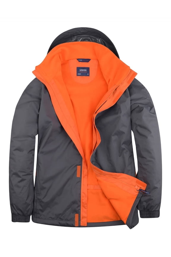 Uneek - Unisex Deluxe Outdoor Jacket - Main Fabric: 100% Polyester Waterproof Coated Fabr - Deep Grey/Fiery Orange - Size 4XL
