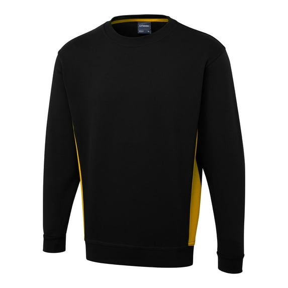 Uneek - Unisex Two Tone Crew New Sweatshirt/Jumper - 60% Cotton 40% Polyester - Black/Yellow - Size XS