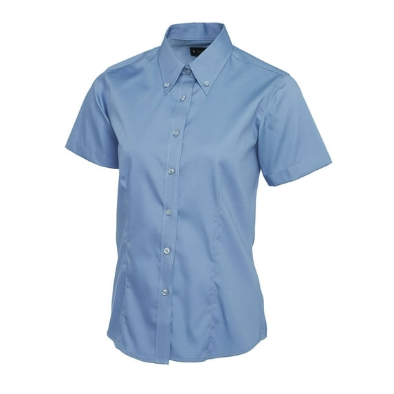 Uneek - Women's/Ladies Pinpoint Oxford Half Sleeve Shirt - 70% Combed Cotton - Mid Blue - Size XL