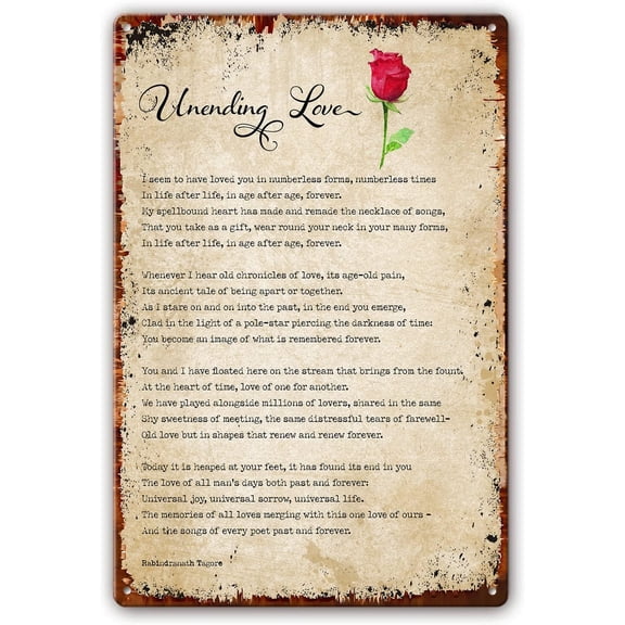 Unending Love Poem Wall Art Metal Tin Sign Rabindranath Tagore Quotes Wall Art Poetry Posters and Prints on Home Decorative Artwork Wall Decorations for Bathroom 8"x12"