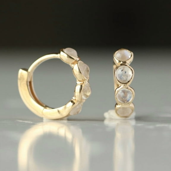 Uneven Rainbow Moonstone Gemstone Earring, Mini Hoop Earring, Bezel Set Earring, 925 Sterling Silver Hoop Earrings, Birthday Gift Jewelry.