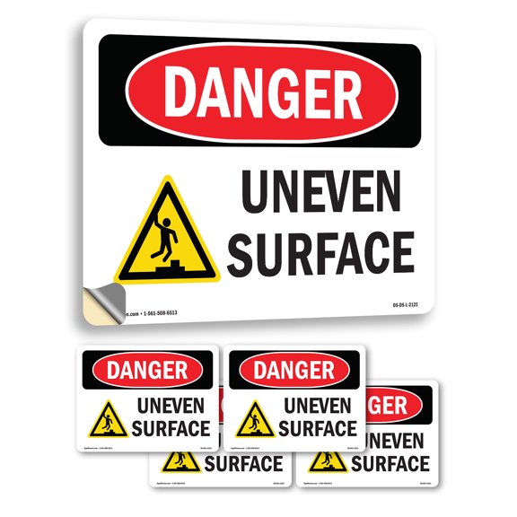 Uneven Surface OSHA Danger Vinyl Decal Label 5 Inch x 3.5 Inch - 5 Pack