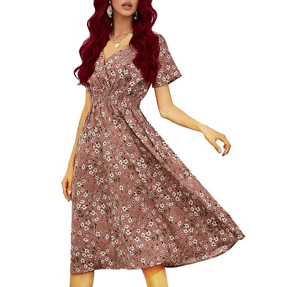 Unewmy Boho Floral Print V-Neck Short Sleeve Chiffon Dress, Flowy Summer Dress for Women (Sizes S-XL)