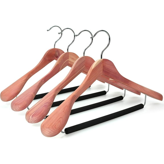 Unfinished American Red Cedar Wood Coat Suit Hangers, Luxury Wooden Jacket Clothes Hangers, Wide Shoulder with Black Padded Pant Bar- 360Flexible Hook, 4 Pack- Natural- CT07W