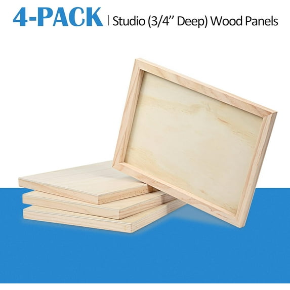 Unfinished Birch Wood Canvas Panels Kit, 4 Pack of 9x12’’ Studio 3/4’’ Deep Cradle Boards for Pouring Art, Crafts, Painting and More