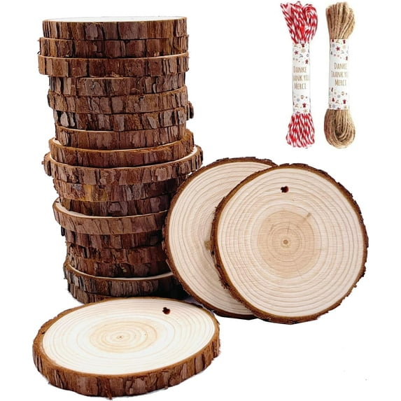 Unfinished Natural Wood Slices 20 Pcs Inch Wood Coaster Sets Pieces Craft Wood kit Predrilled with Hole Wooden Circles Great for Arts and Crafts Christmas Ornaments DIY Crafts Rustic Wedding 20 Pcs 3.5-4inch with Hole