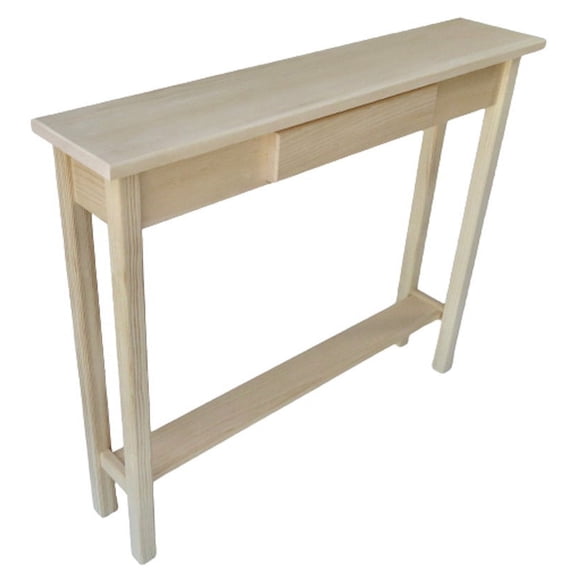Unfinished Pine Narrow Shaker Console Sofa Wall Table With Bottom Shelf and False Drawer- 36" long x 7.5" deep x 30" tall