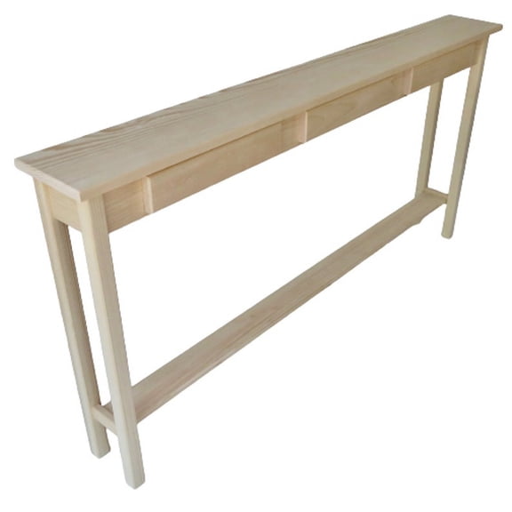 Unfinished Pine Narrow Shaker Console Sofa Wall Table With Bottom Shelf and False Drawer- 60" long x 7.5" deep x 30" tall
