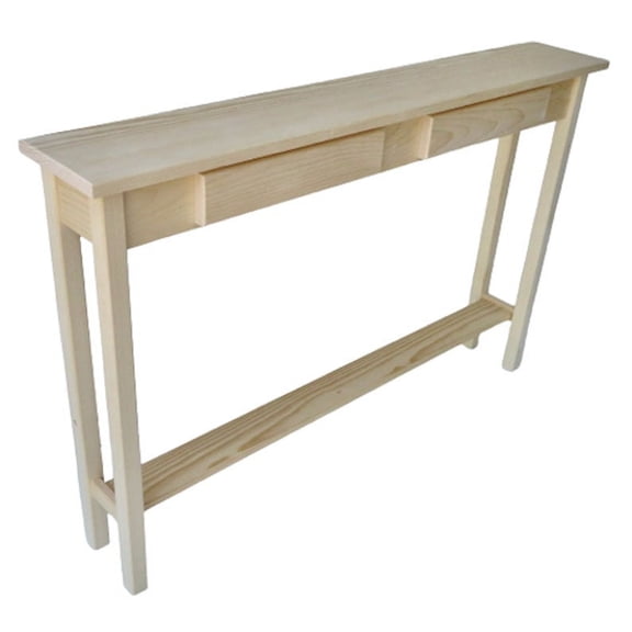 Unfinished Pine Narrow Shaker Console Sofa Wall Table With Shelf and False Drawer- 46" long x 7.5" deep x 30" tall
