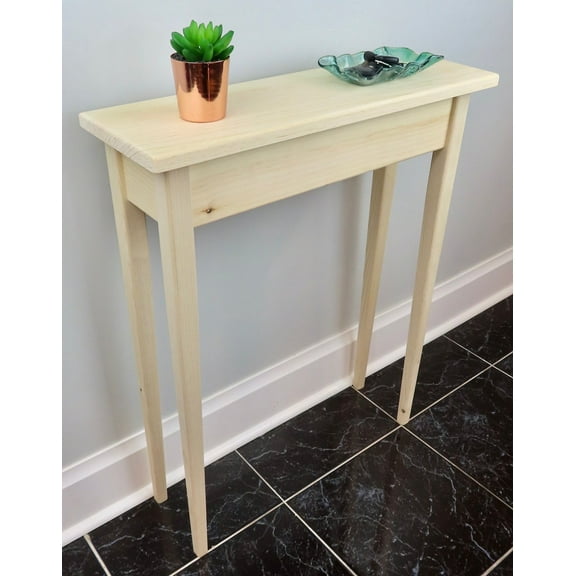 Unfinished Pine Narrow Shaker Console Sofa Wall Table With Tapered Legs- 24" long x 7.5" deep x 30" tall