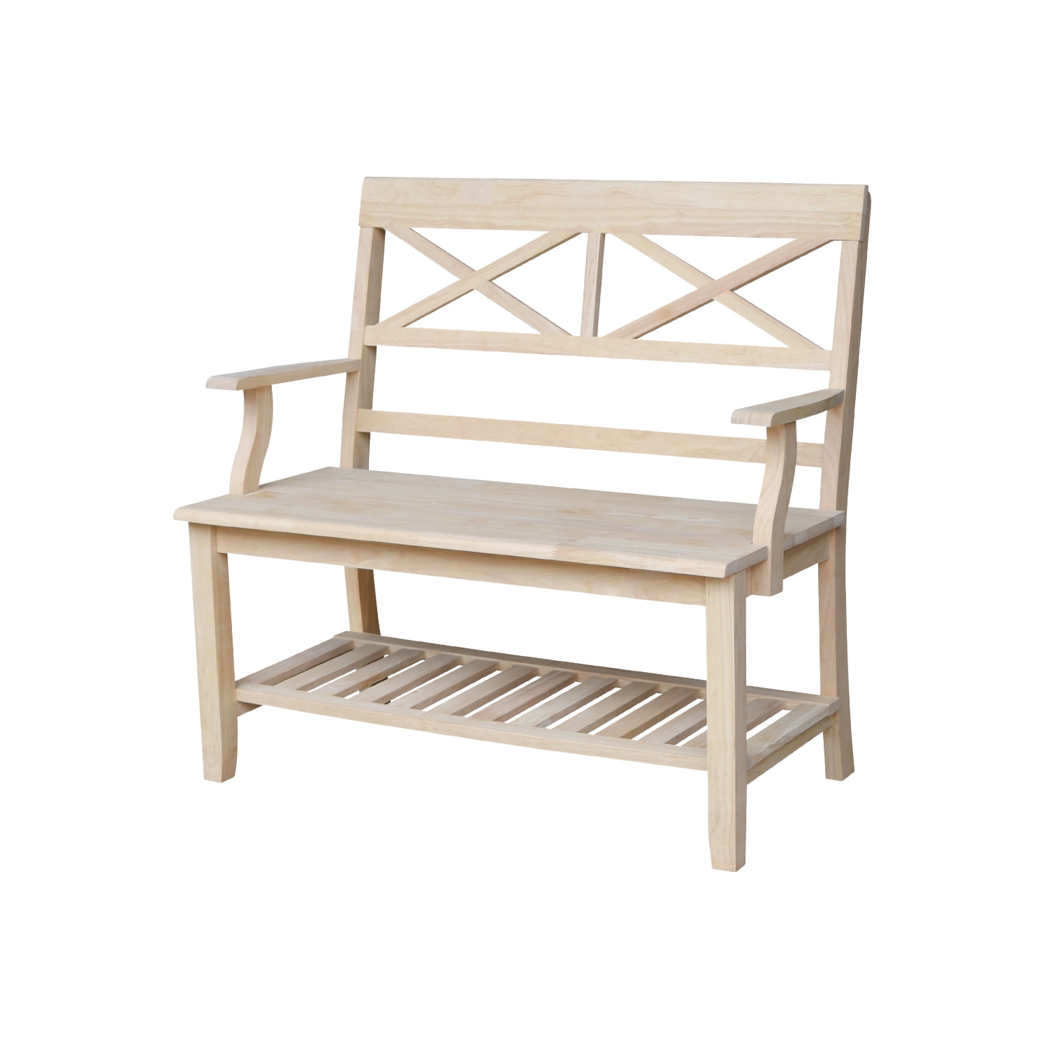 Unfinished Parawood Double X-Back Bench with Storage Shelf