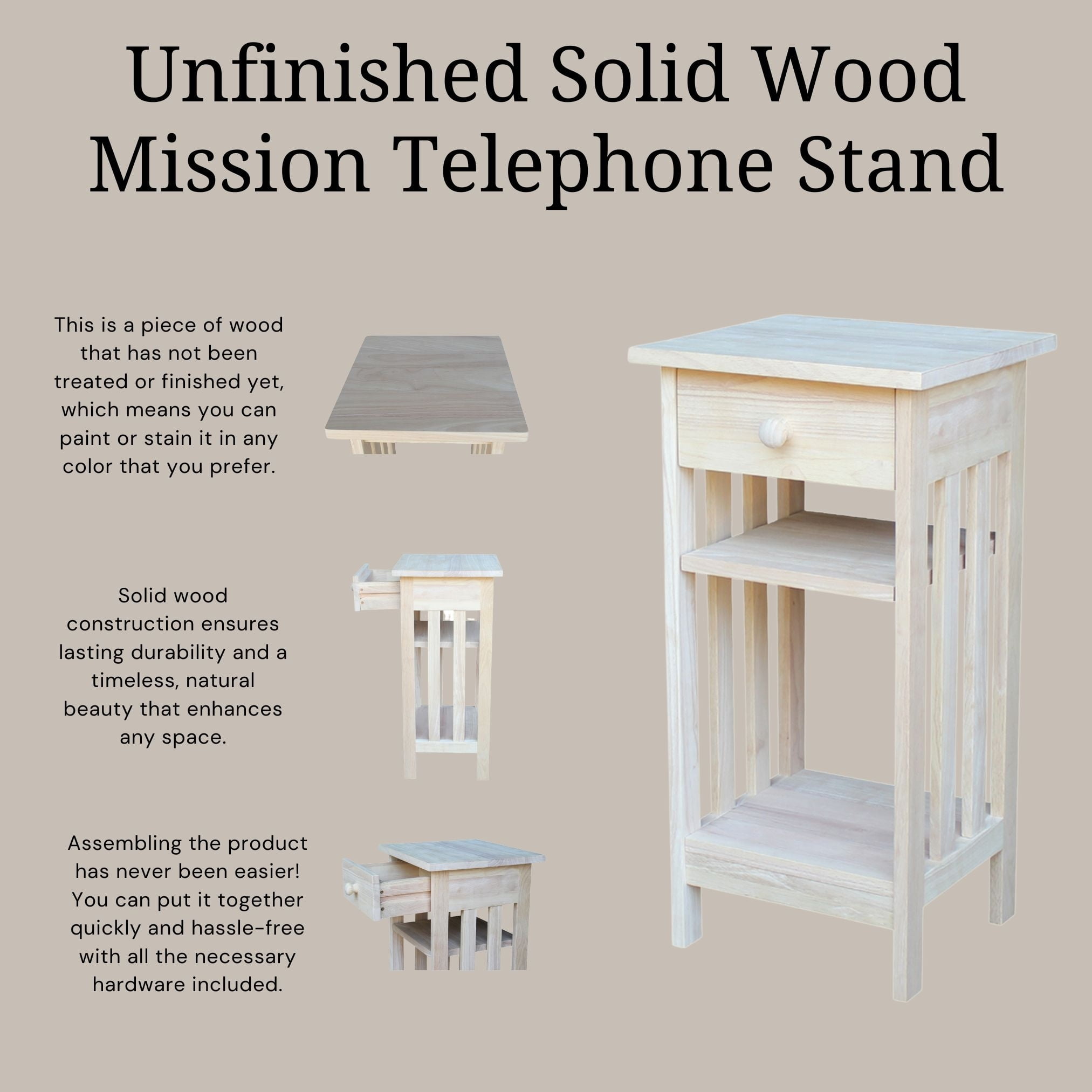 Unfinished Parawood Mission Telephone Stand with Storage