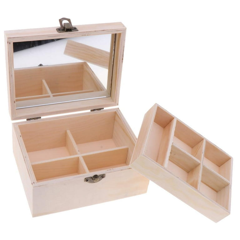 Unfinished Wood Box, 2 Layers Wood Jewelry Box Tray with Locking Clasp Wood  Box Organizer for Crafting Gift Box Tool and Brush Storage Box 