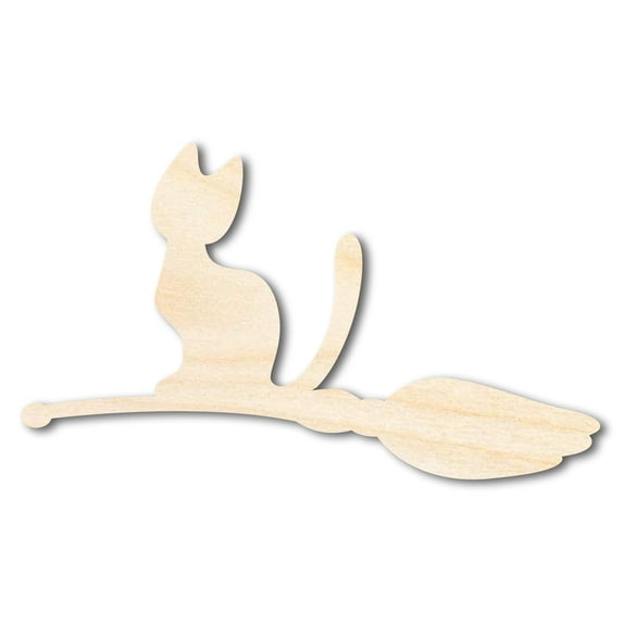 Unfinished Wood Cat on Broom Shape | DIY Halloween Cat Craft Cutout 20" / 1/4"